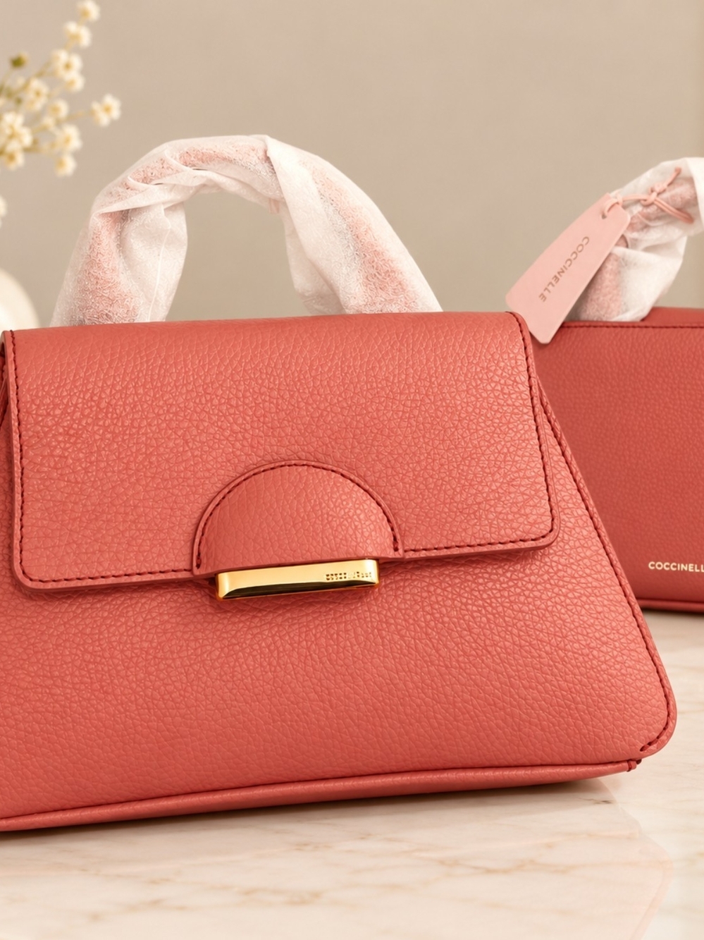 Coccinelle Coral Pink Pebbled Leather Crossbody Bag with Gold-Tone Hardware